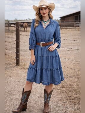 Chicos Blue Denim Tiered Dress with raw hem